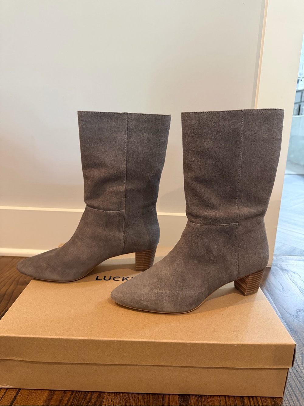 Lucky Brand Gray Suede Mid-Calf Block Heel Boots